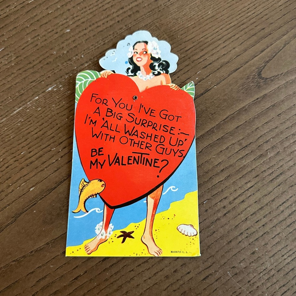 Vintage Mechanical Valentine Card Pinup Hula Girl Beach Heart Pop Up USA Made